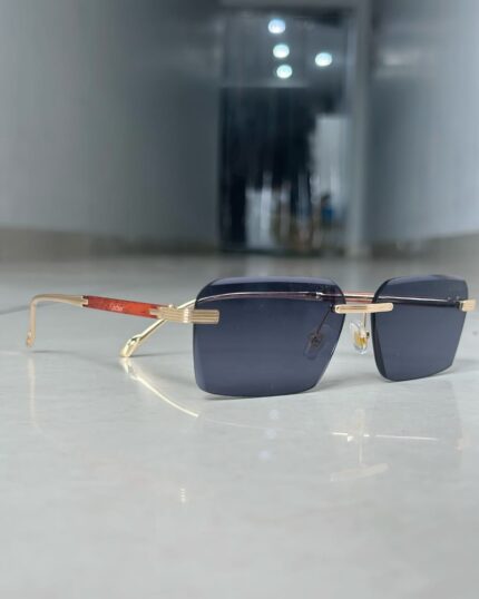 Rimless Luxury Rectangular Sunglasses with Gold & Wood Arms