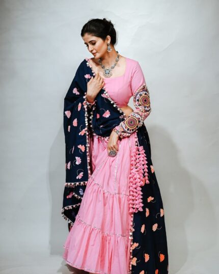Pink Mirror Work Lehenga with Navy Blue Floral Dupatta
