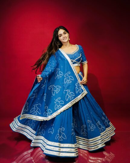 Royal Blue Bandhani Lehenga Choli Set with Mirror Work Detailing and Dupatta