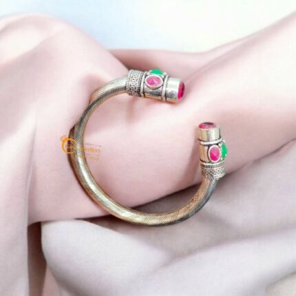 Antique Silver Kada with Pink Stone Embellishments